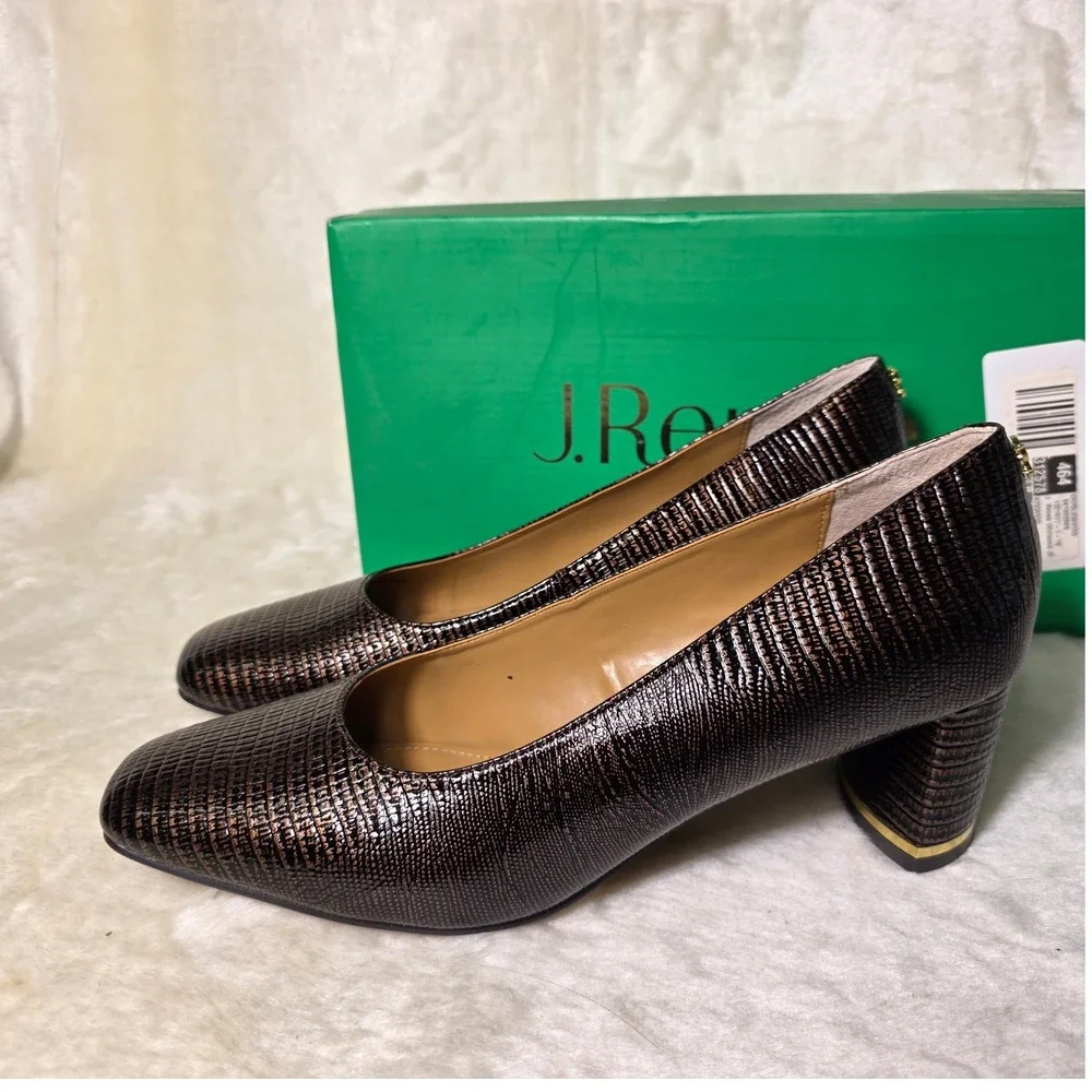 J. Renee Olivienne Pump Cognac Brown Lizard Print Block Heel Womens 9M Excellent
